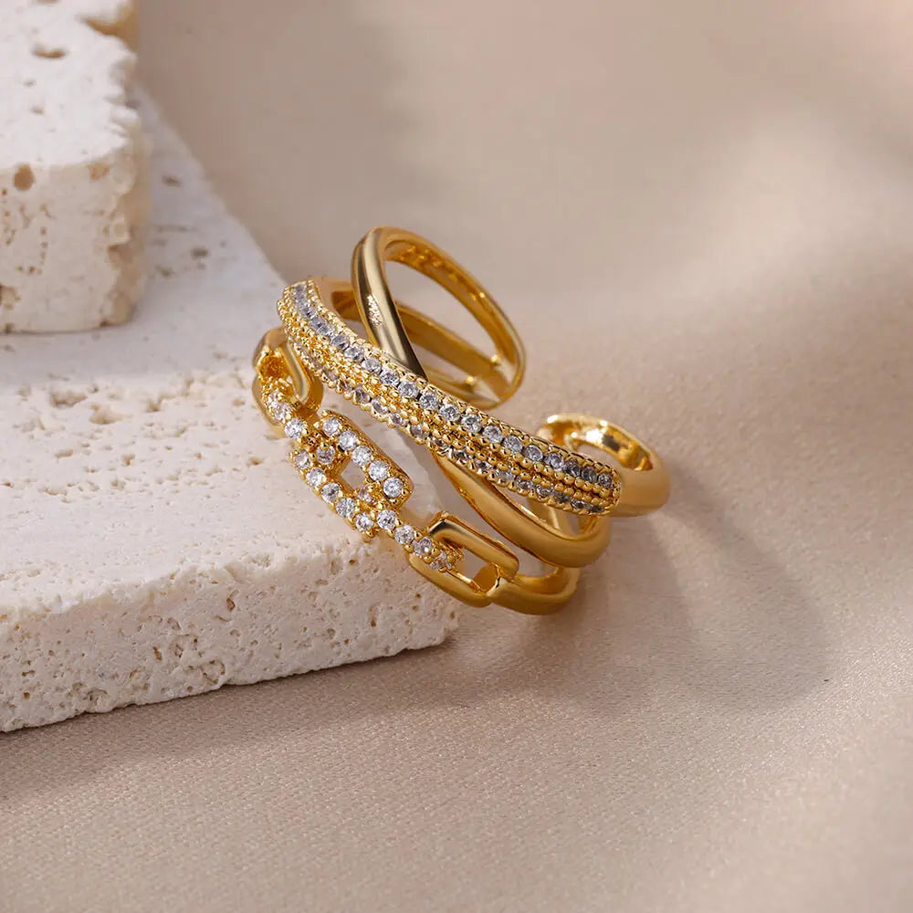 Zircon Twist Chain Open Rings For Women Stainless Steel Geometric Twist Wrapped Adjustable Ring Wedding Aesthetic Jewelry Gift