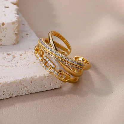Zircon Twist Chain Open Rings For Women Stainless Steel Geometric Twist Wrapped Adjustable Ring Wedding Aesthetic Jewelry Gift