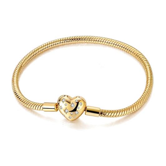 925 Sterling Silver Bracelets 17-20CM Original Golden Sparkling Heart Shaped Bracelet Fit DIY Charms Beads Fashion Women Jewelry