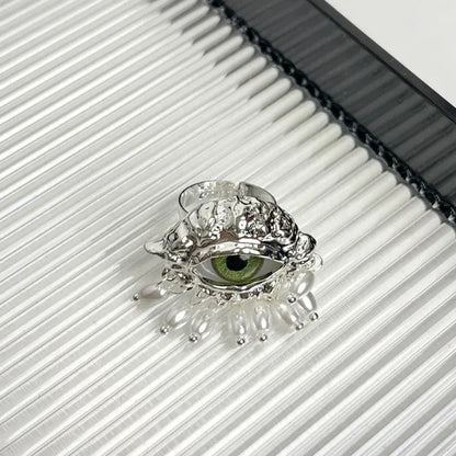 Jewelry Vintage Devil's Eye Ring Delicate Imitated Pearl Glaze Ring Tassels Exaggerated Opening Finger Ring Party Favors