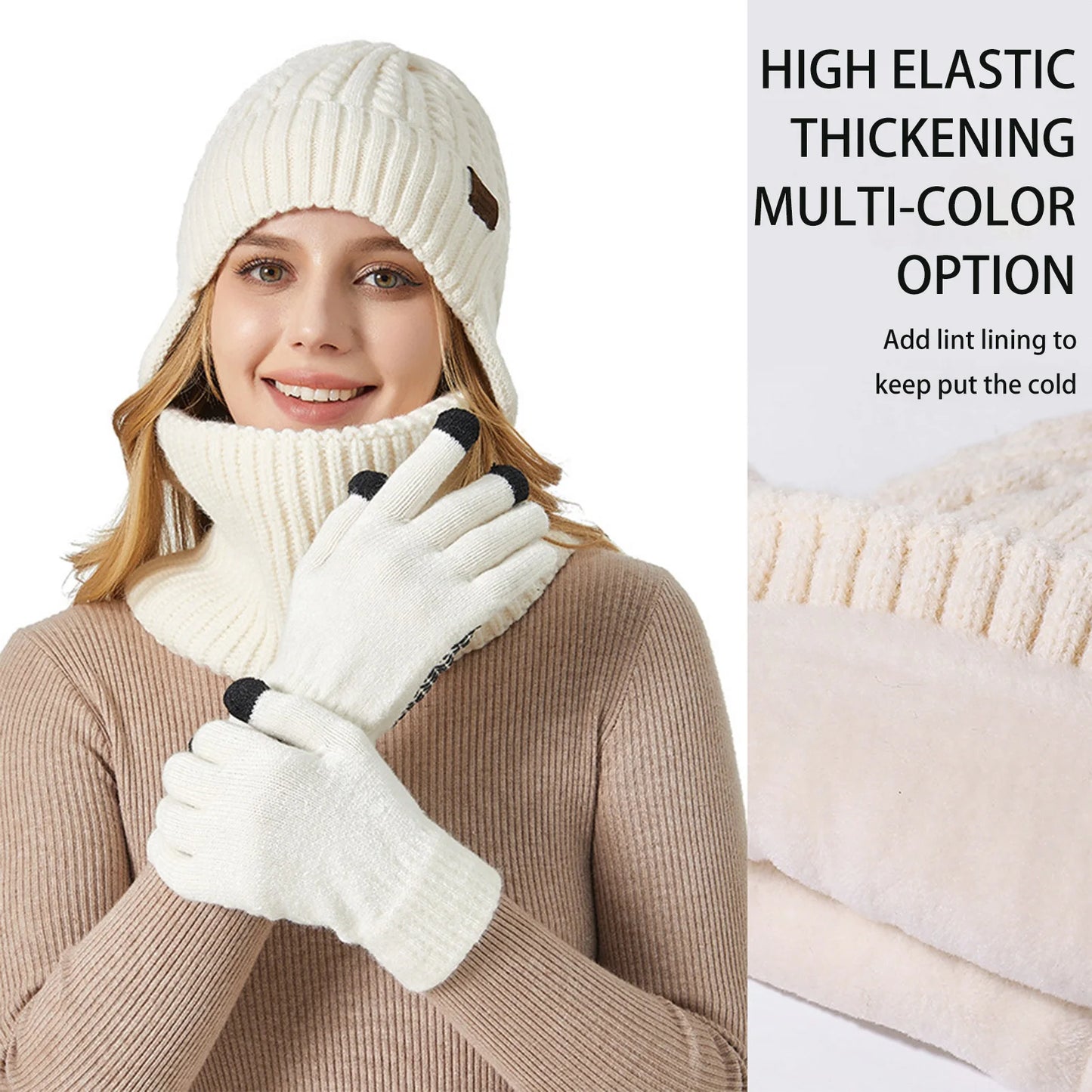 Winter Hat Glove Scarf Sets Knit Slouchy Beanie Hat Neck Warmer Screen-Touch Texting Gloves for Snow Cold Weather
