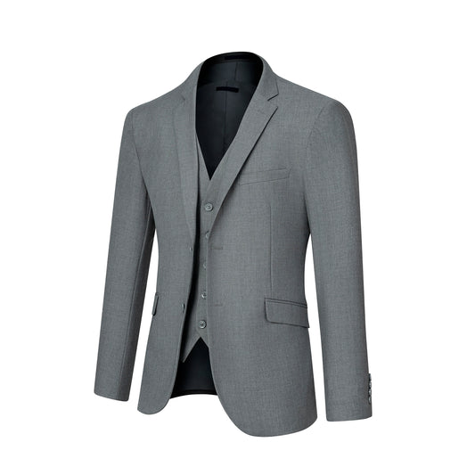 3pcs Men's Classic Solid Color Suit Set Long Sleeve Blazer with Button Details Non-Stretch Fabric Regular Fit for All Seasons