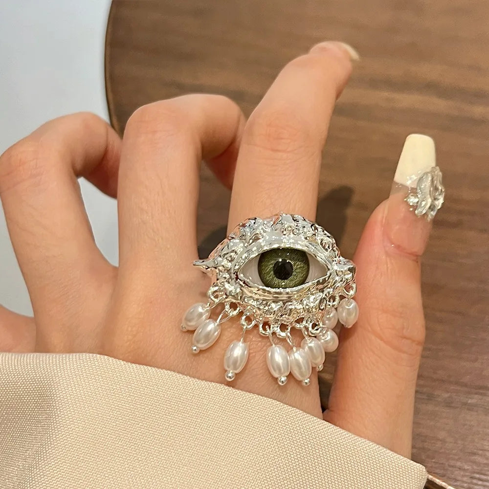 Jewelry Vintage Devil's Eye Ring Delicate Imitated Pearl Glaze Ring Tassels Exaggerated Opening Finger Ring Party Favors