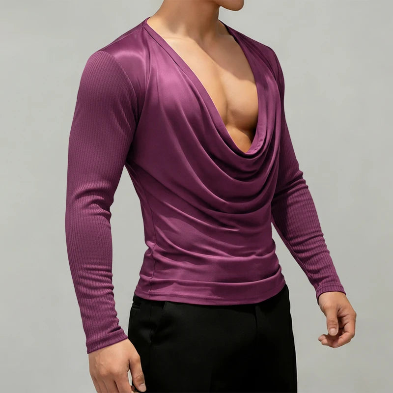 INCERUN Men T Shirt Satin Patchwork Long Sleeve Casual Male Tee Tops Streetwear 2026 Pleated Fashion Party Leisure Men Clothing