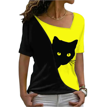 2023 summer women clothes blouse new style inclined collar black cat print short sleeve T-shirt women