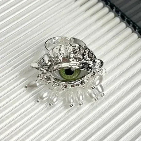 Jewelry Vintage Devil's Eye Ring Delicate Imitated Pearl Glaze Ring Tassels Exaggerated Opening Finger Ring Party Favors