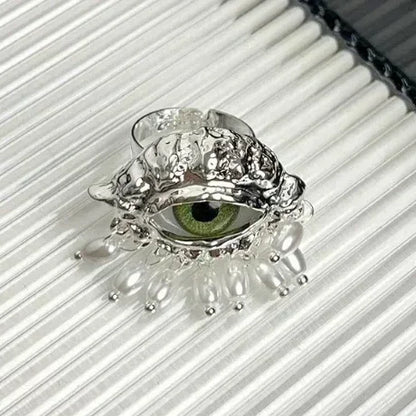 Jewelry Vintage Devil's Eye Ring Delicate Imitated Pearl Glaze Ring Tassels Exaggerated Opening Finger Ring Party Favors