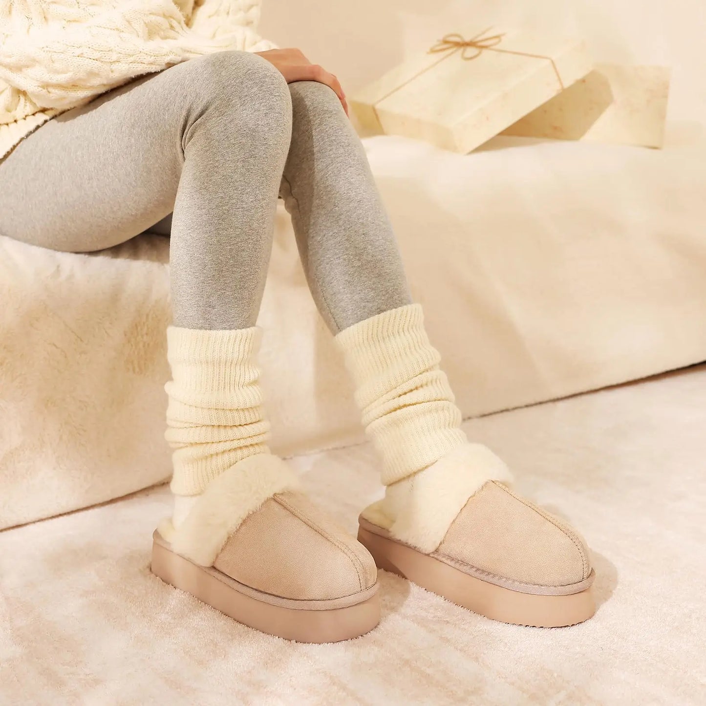 Litfun Fuzzy Platform Slippers For Women Winter Warm House Shoes With Memory Foam Outdoor Anti-Slip Fashion Fur Fluffy Slippers
