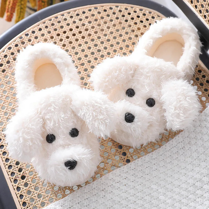 Gacimy Winter Warm Cotton Slippers For Women Comfortable Cute Dog Furry Shoes Couple Indoor Soft Platform Bedroom Plush Slippers