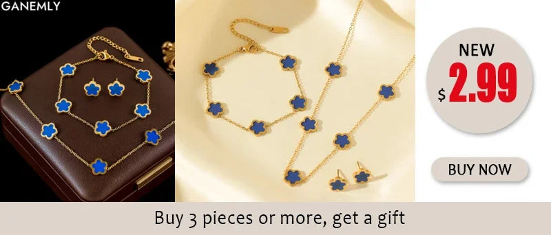 Stainless Steel White Plum Blossom Plant Leaf Flower Set Reversible Necklace Earrings Bracelet Women Clover Jewelry