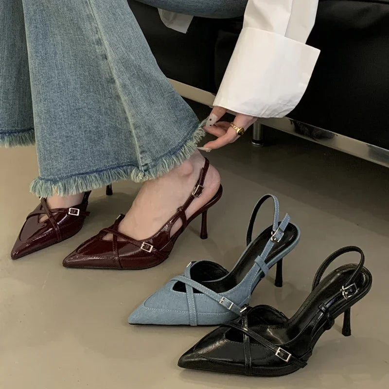 Street Style Sexy Buckle Strap Women Pumps Elegant Pointed Toe Thin High Heels Banquet Party Slingback Shoes Sandals