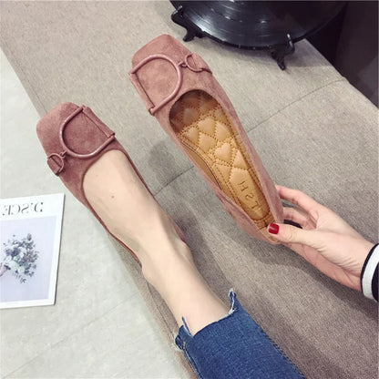 Flat Shoes for Women Spring 2023 New Suede Square Toe Shallow Cut Flat Bottomed Lefu Soft Bean Shoes Ladies big size 44 45 46