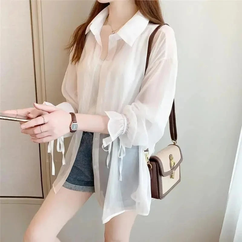 Chiffon Women Thin Shirts Summer Perspective Solid Korean Sun Shirt Long Sleeve Fashion Korean Ladies Top New Sunscreen Clothing