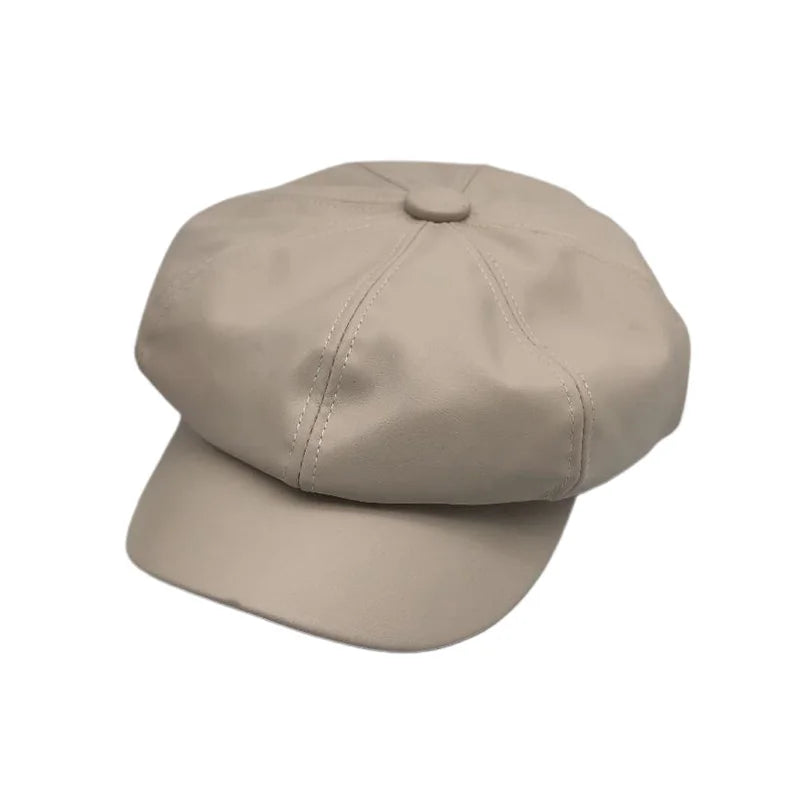 Vintage Style Wool Blend Newsboy Cap with Button Detail and PU Leather Visor for Women - Classic British Beret Hat