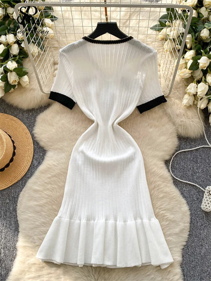 SINGREINY French Vintage Elegant Dress Women V Neck Buttons Elastic Waist Slim Fit Sundress Patchwork Mermaid Bodycon Dress