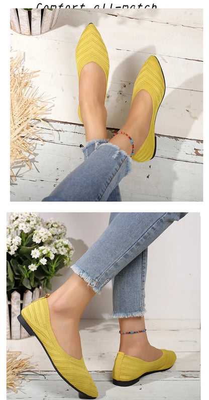 Women's Pointed Toe Flat Shoes Solid Color Knitted Slip on Shoes Casual Breathable Ballet Flats Women Flat Shoes  Loafers Women
