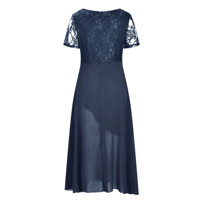 Women's Chiffon Long Dresses A Line V Neck Lace Panel Hollow Prom Dresses Ladies Bridesmaid Evening Dresses Short Sleeve Dress