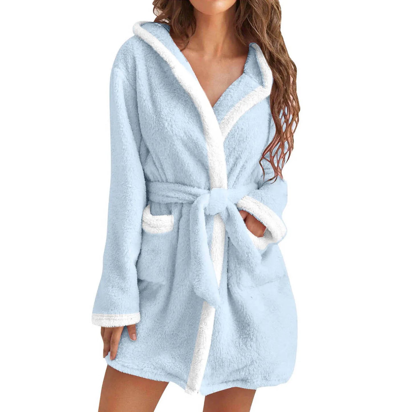 Women Coral Fleece Bathrobe Autumn And Winter Home Warm Sleepwear Casual Solid Color Matching Shower Robes Hooded Kimono Robe