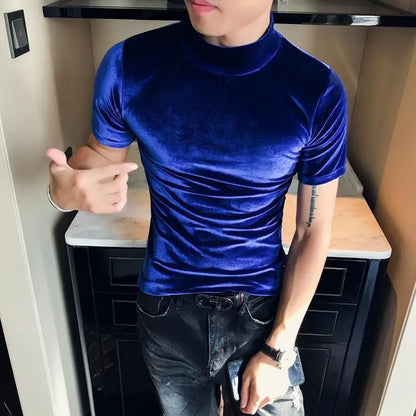 Fashion Men's Autumn Winter Luxury Clothing Heat Keep Warm Casual T-Shirt Mock Neck Tops Stripe Long Sleeve Gold Velvet T-Shirts