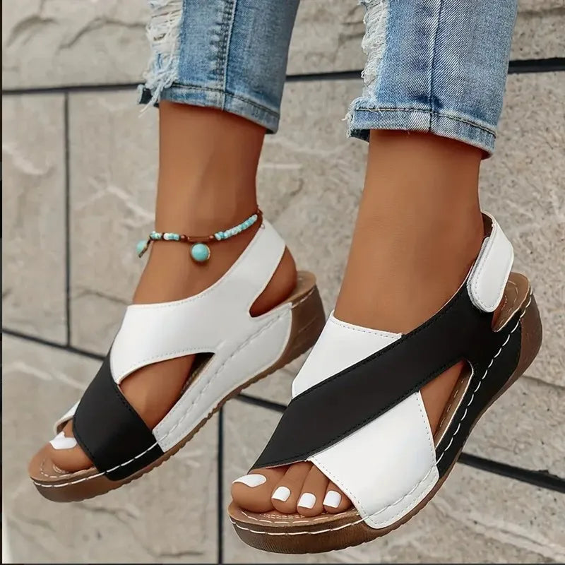 New Women's Contrast Color Wedge Sandals Summer Peep Toe Non Slip Beach Shoes Woman Comfortable Platform Roman Sandalias