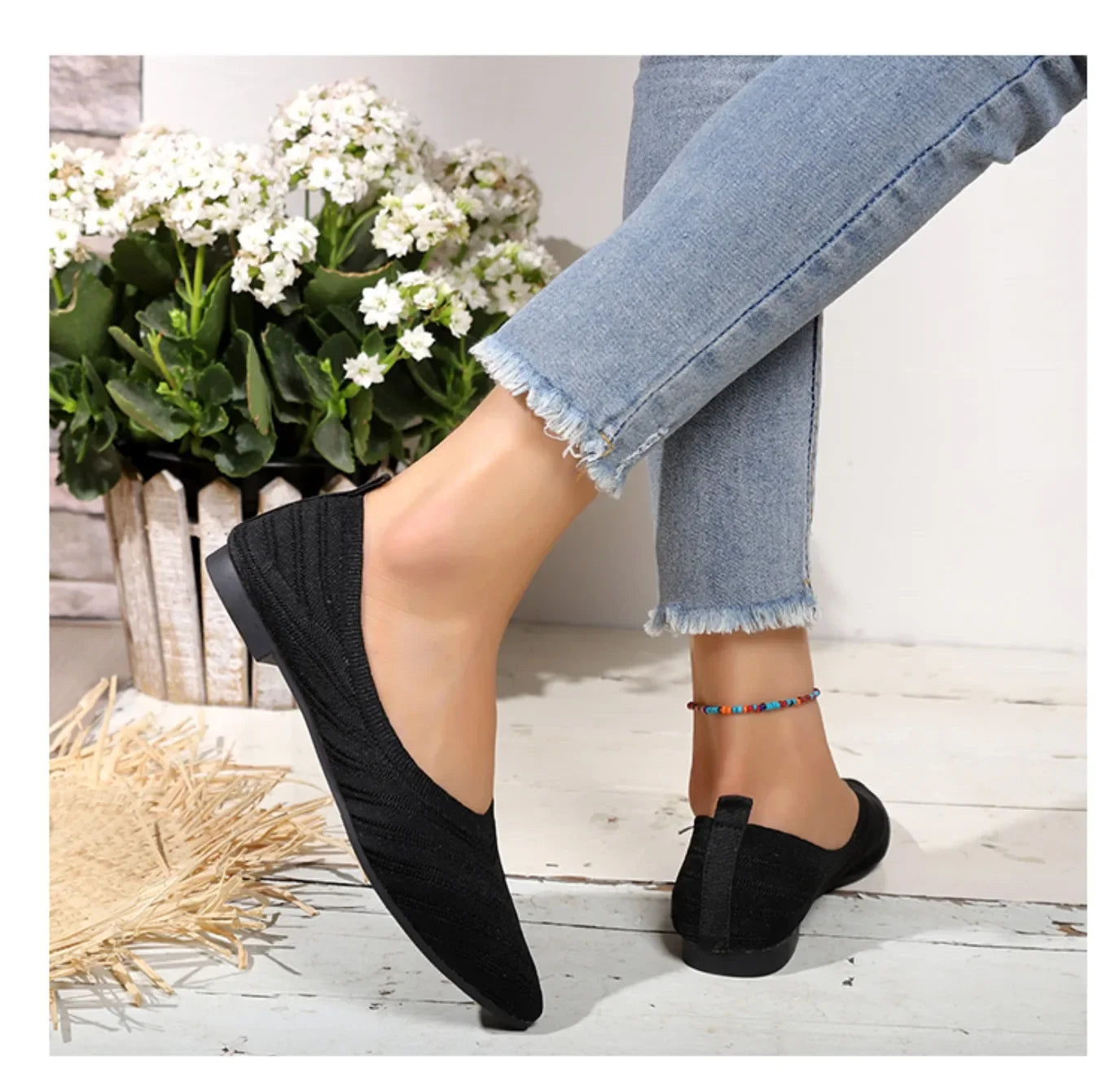Women's Pointed Toe Flat Shoes Solid Color Knitted Slip on Shoes Casual Breathable Ballet Flats Women Flat Shoes  Loafers Women
