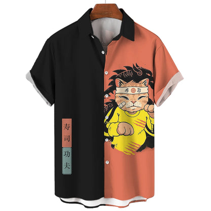 Casual Hawaiian Shirt Man Japanese Bushido 3d Pattern Shirt Men's Shirts Cartoon Animal Cat 3d Printing Men's Shirt Men Clothing