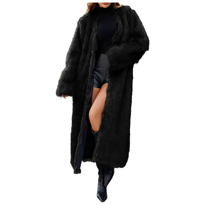 Winter Faux Fur Long Coat For Women Warm Plush Jackets Casual Open Front Long Sleeve Outerwear Elegant High End Ladies Windbreak