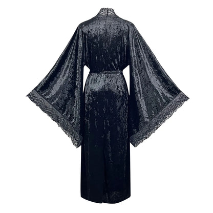Women's Lace Velvet Bathrobe Breathable Nightgown Kimono Home Clothes Flare Sleeve Night Long Robe Female Sleepwear Homewear