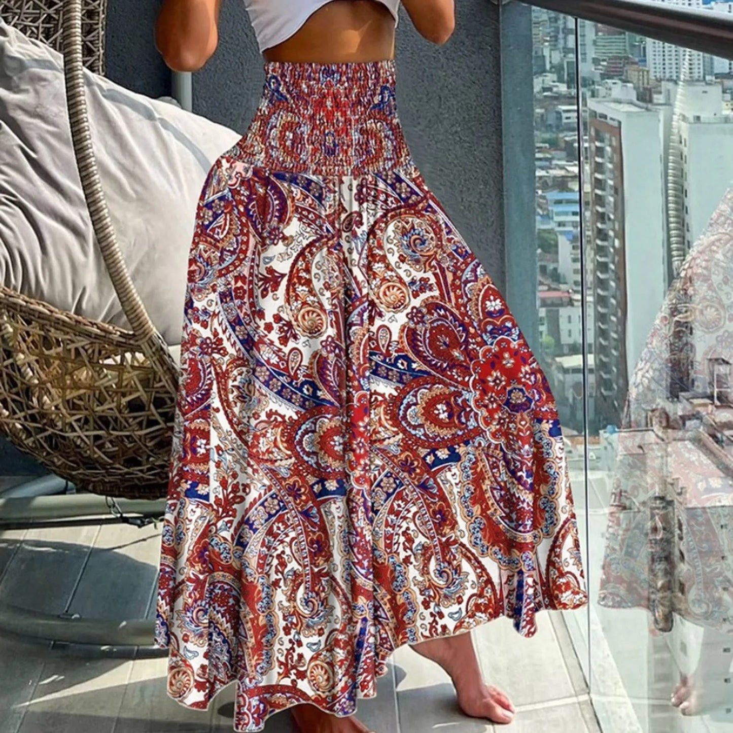 Women Vintage Floral Print Boho Skirt 2024 Summer Casual Loose Pleated Long Skirt Elegant Female High Elastic Waist Maxi Skirts