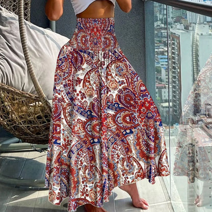 Women Vintage Floral Print Boho Skirt 2024 Summer Casual Loose Pleated Long Skirt Elegant Female High Elastic Waist Maxi Skirts