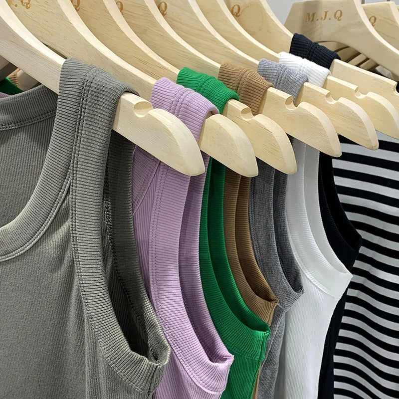 Women's Basic Ribbed Knitted Tank Top Solid Color Elastic Comfortable Sleeveless Camisole Summer Casual Green/Blue Soft Tees