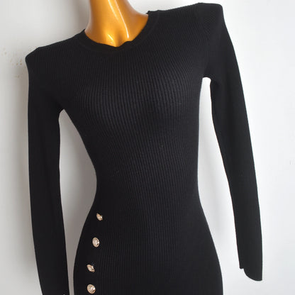 Spring Autumn Knitted Elastic Waist Dress Coat Design Button round Neck Bodycon Skirt Casual Style Long Sleeve Women's Dress