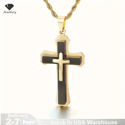 14K Gold Plated Men's Three-Layer Cross Necklace Hip Hop European Style Trendy Accessory Pendant Daily Jewelry Accessories USA