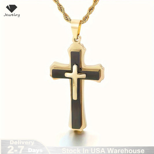 14K Gold Plated Men's Three-Layer Cross Necklace Hip Hop European Style Trendy Accessory Pendant Daily Jewelry Accessories USA