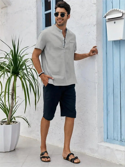 Men's Plus Size Cotton Linen Shirt with Pocket Casual Polo Shirt  Short Sleeve Shirts  Summer Lightweight Beach Tops