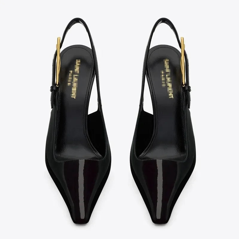 Elegant Fashionable Black Pointed Toe Thin Heel Single Shoes Patent Leather Buckle High Heels Stylish Luxurious
