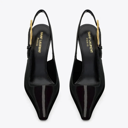 Elegant Fashionable Black Pointed Toe Thin Heel Single Shoes Patent Leather Buckle High Heels Stylish Luxurious
