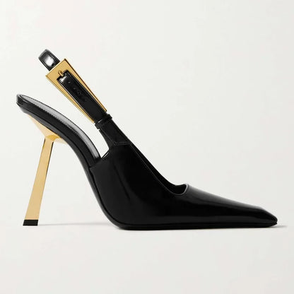 Elegant Fashionable Black Pointed Toe Thin Heel Single Shoes Patent Leather Buckle High Heels Stylish Luxurious