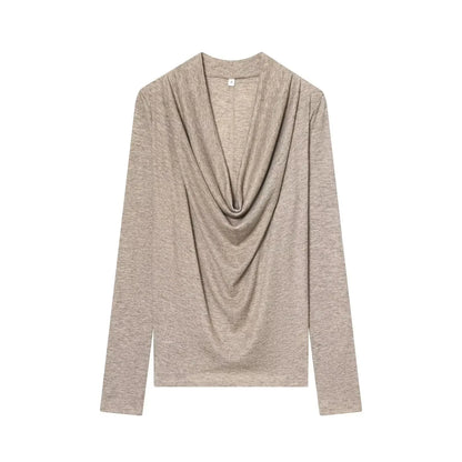 BSAY Knitted T-shirt Women Fashion Autumn Winter Tee Pullover Top Chic Female Long Sleeved draped neckline T-Shirts Mjuer