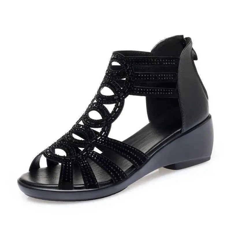 Real Soft Leather Roman Sandals Women's Chunky Heel Mom Shoes Fashion Outerwear Women's Sandals Wedge Women's Shoes 2023