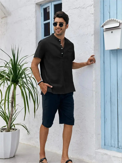 Men's Plus Size Cotton Linen Shirt with Pocket Casual Polo Shirt  Short Sleeve Shirts  Summer Lightweight Beach Tops