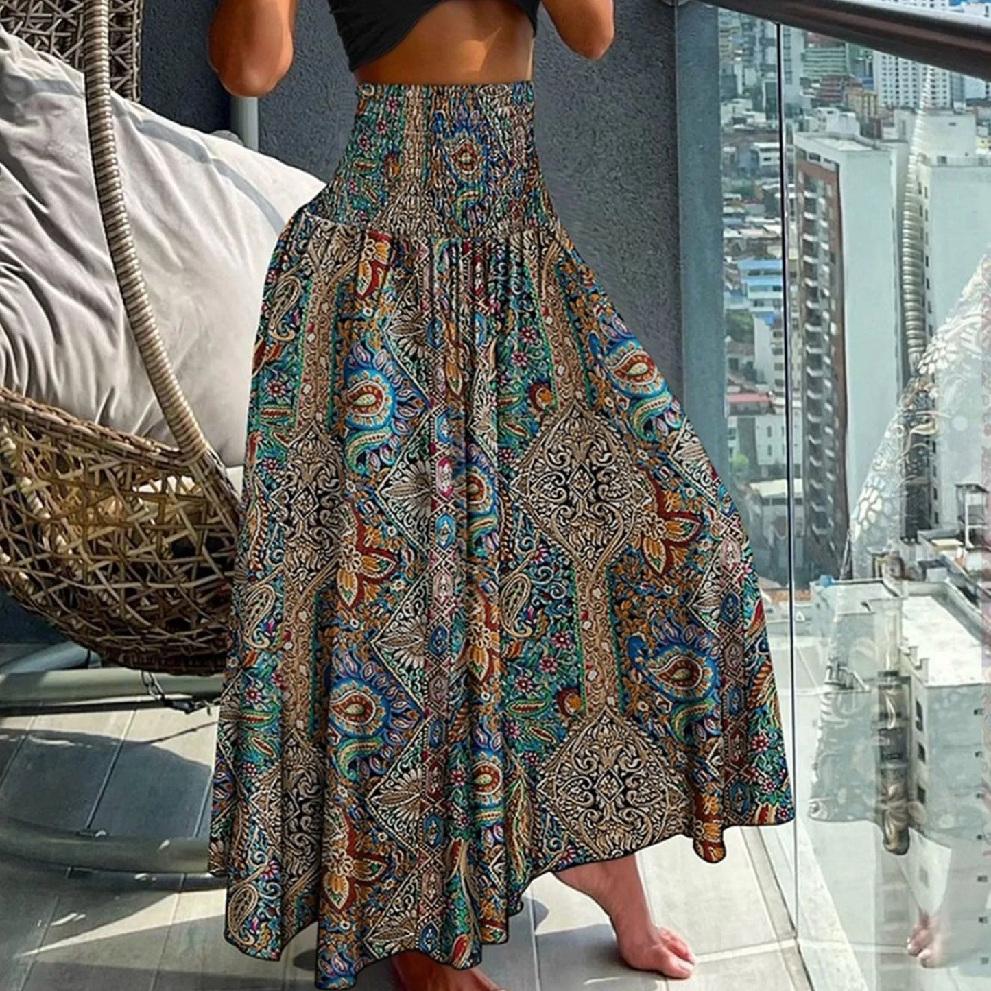 Women Vintage Floral Print Boho Skirt 2024 Summer Casual Loose Pleated Long Skirt Elegant Female High Elastic Waist Maxi Skirts