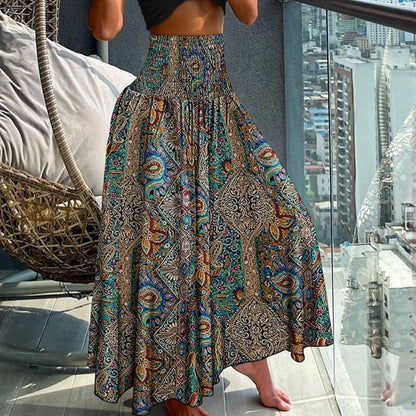 Women Vintage Floral Print Boho Skirt 2024 Summer Casual Loose Pleated Long Skirt Elegant Female High Elastic Waist Maxi Skirts