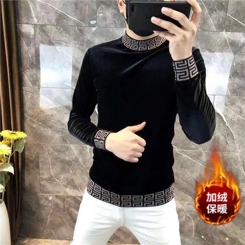 Fashion Men's Autumn Winter Luxury Clothing Heat Keep Warm Casual T-Shirt Mock Neck Tops Stripe Long Sleeve Gold Velvet T-Shirts