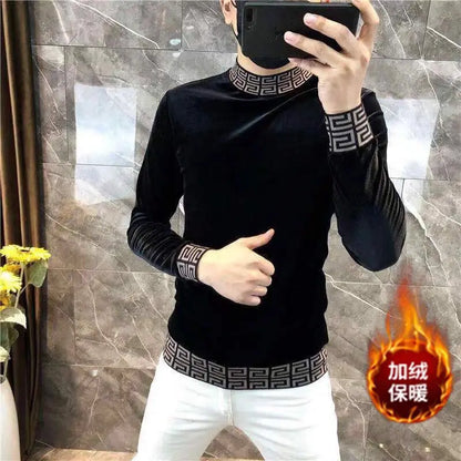 Fashion Men's Autumn Winter Luxury Clothing Heat Keep Warm Casual T-Shirt Mock Neck Tops Stripe Long Sleeve Gold Velvet T-Shirts