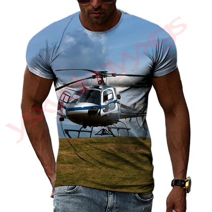 Summer Helicopter Pattern  Men's T-shirt Hip Hop 3D Print Personality   Neck Short Sleeve  Fashion Clothes