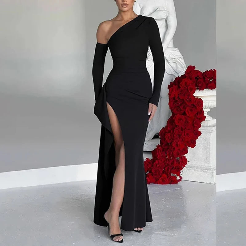 Sexy Diagonal Shoulder Black Dress Fashion Elegant Long Sleeve Split Women Dress Spring Party Evening Long Dress Vestidos