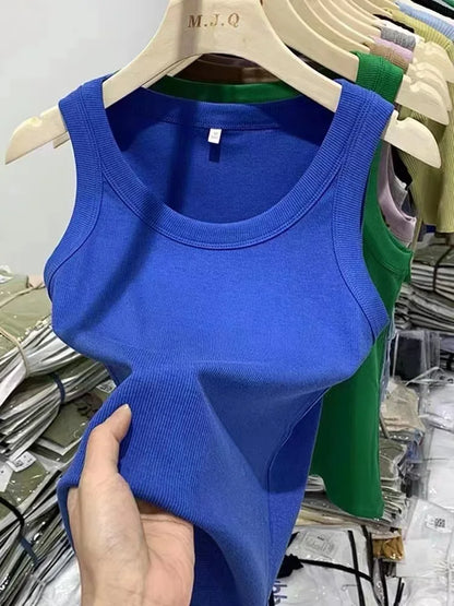 Women's Basic Ribbed Knitted Tank Top Solid Color Elastic Comfortable Sleeveless Camisole Summer Casual Green/Blue Soft Tees