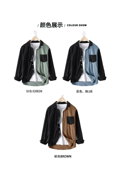 Autumn Men's Streetwear Patchwork Corduroy Long Sleeve Shirt Fashion Casual Turn Down Collar Luxury Shirts with Pocket Harajuku