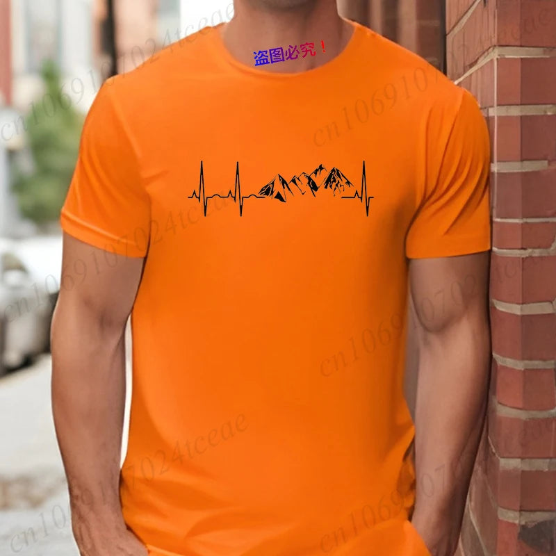 Mountain Heartbeat T-shirt for Men Climbing Hiking Graphic Y2k Tops Casual Streetwear Short Sleeve Tees Men's Oversized Clothing